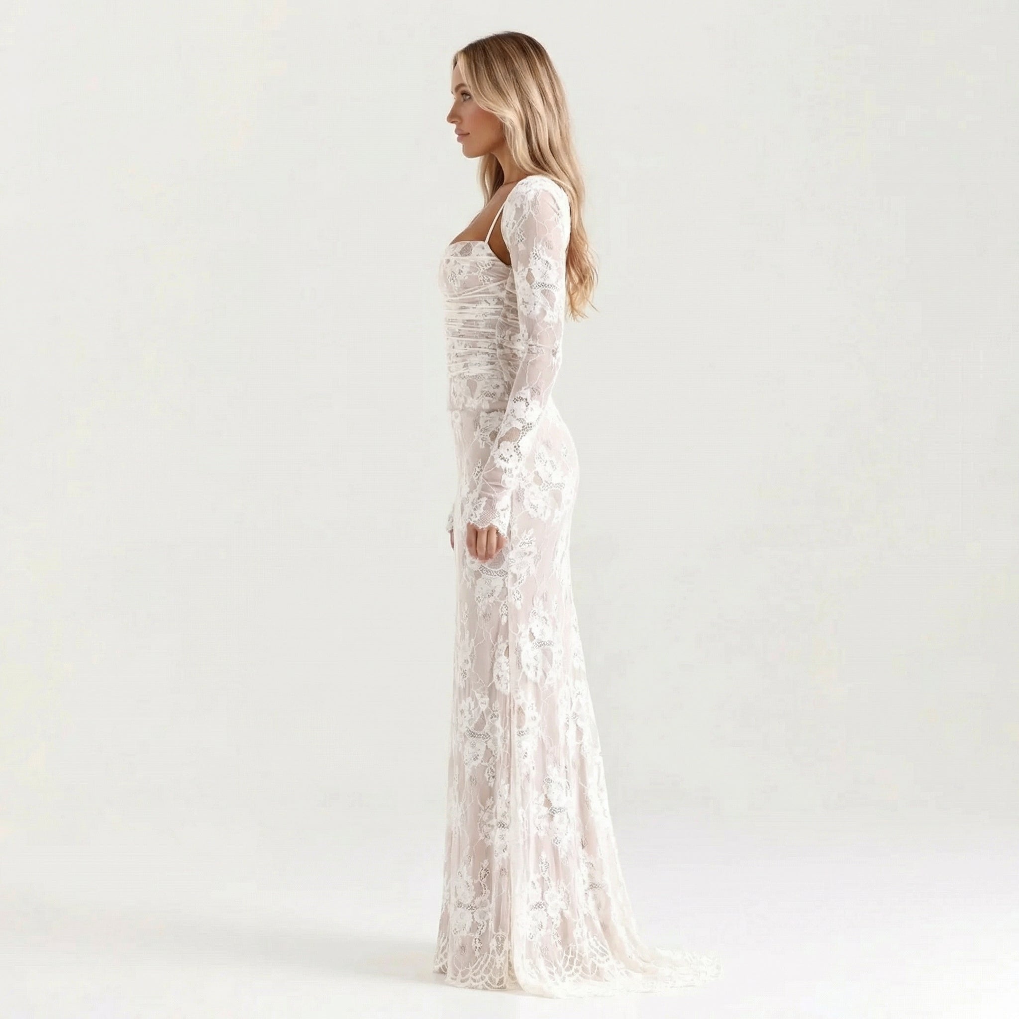 Damska Kwiatowa Sukienka Maxi z Gorsetem – Prześwitująca Koronka, Usztywniana Góra Gorsetowa, Dopasowana Sylwetka