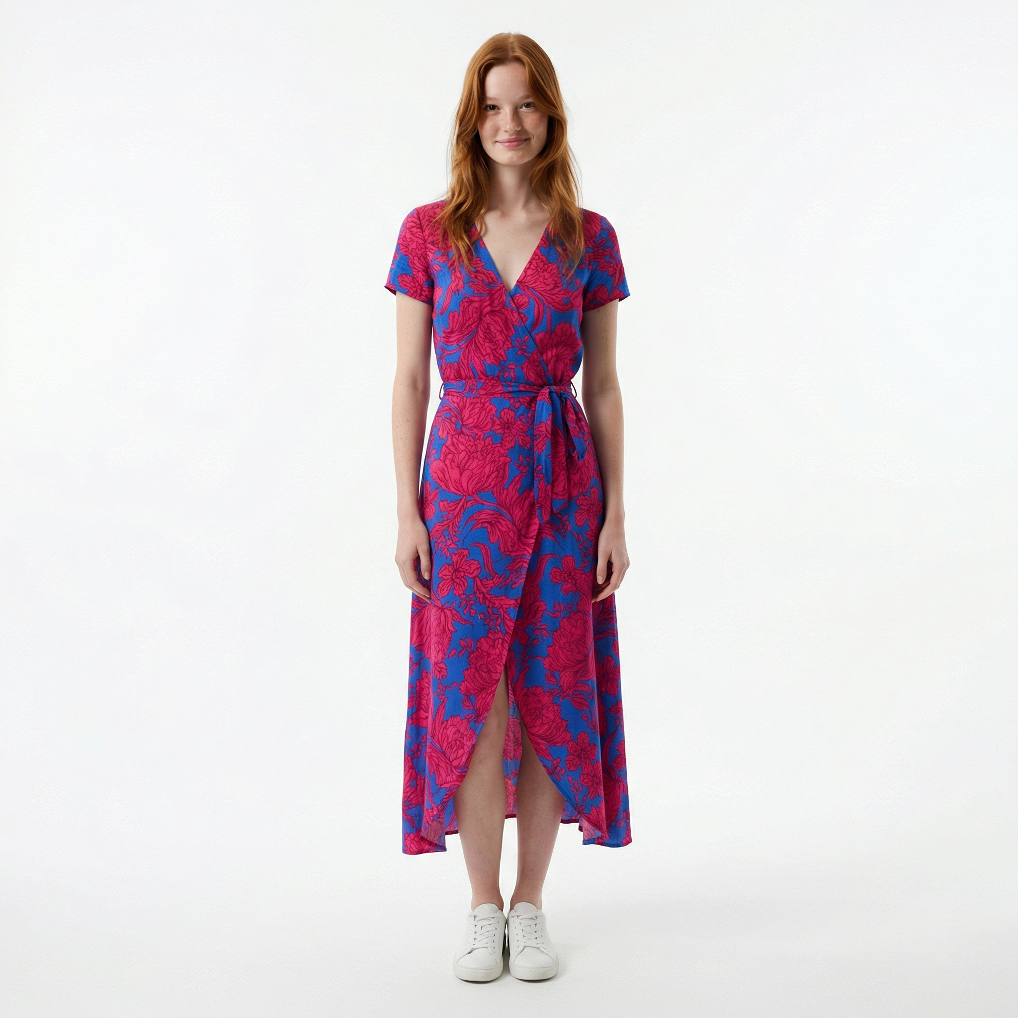 Damska Sukienka Maxi o Kroju Kopertowym – Krótki Rękaw, Dekolt V, Wiązanie w Talii z Rozcięciem z Przodu