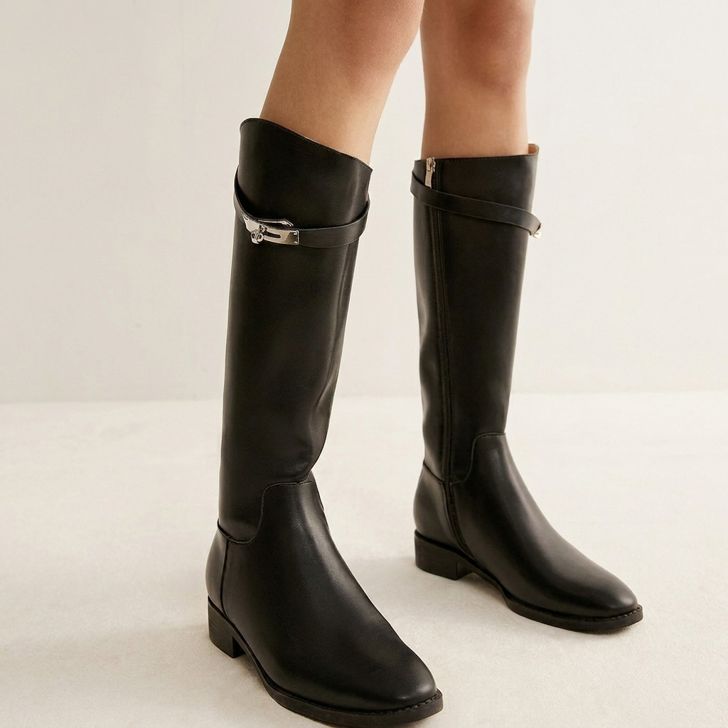 Knee High Boots Belt Detail Block Heel Fall Winter